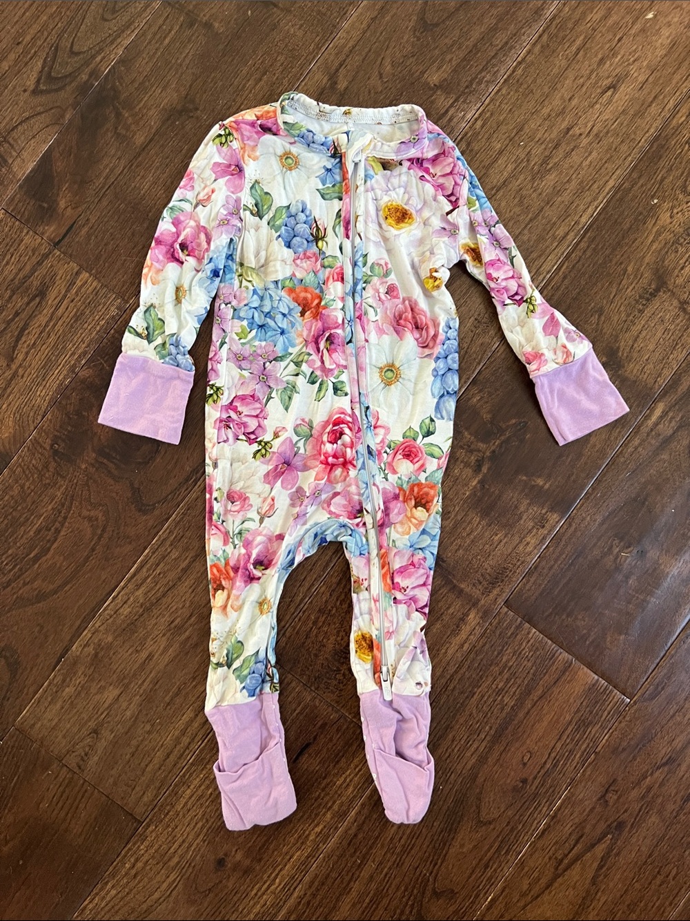 Posh Peanut Floral Convertable Footed One-Piece Pajamas in Lavender Trim
